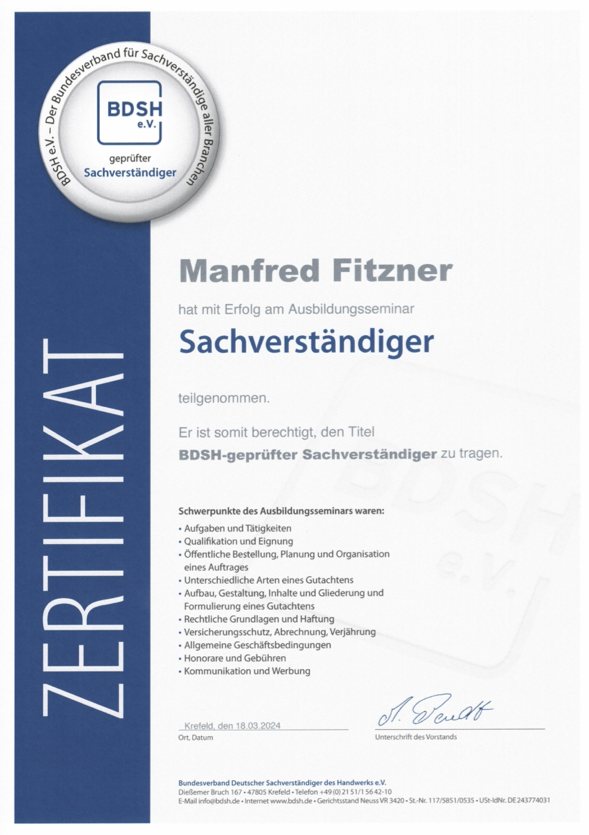 BDSH-geprüfter Sachverständiger – Zertifikat